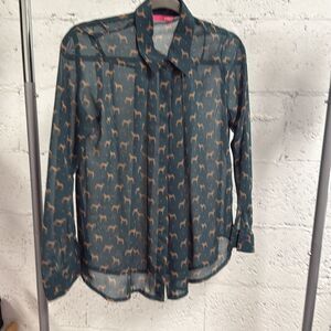 Teal Sheer Blouse Dog Print - PINKYOTTO - Size Small - Never Worn - Long Sleeve